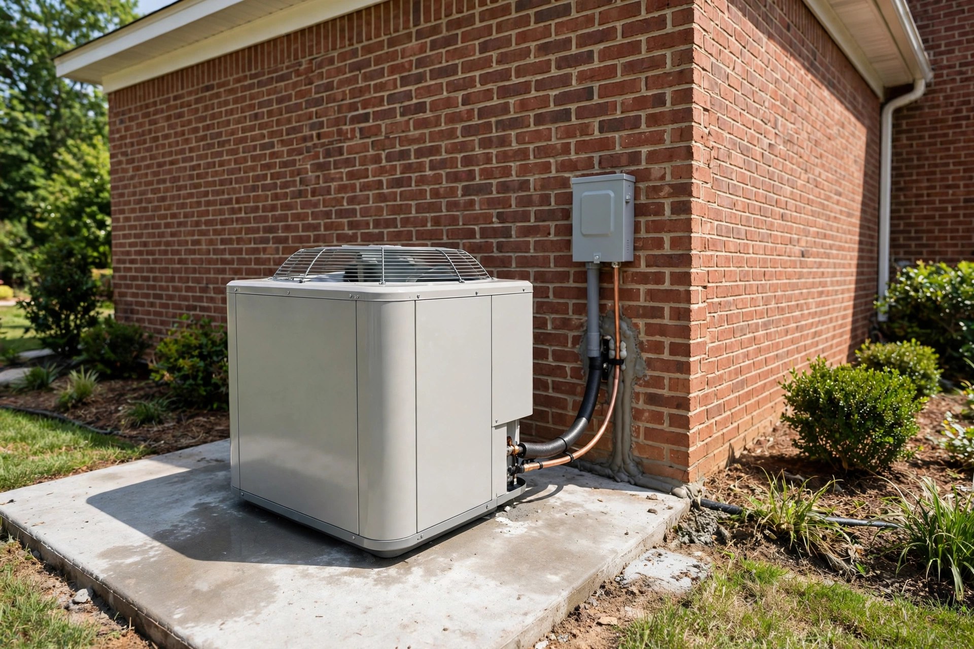 New AC condenser beside a brick home