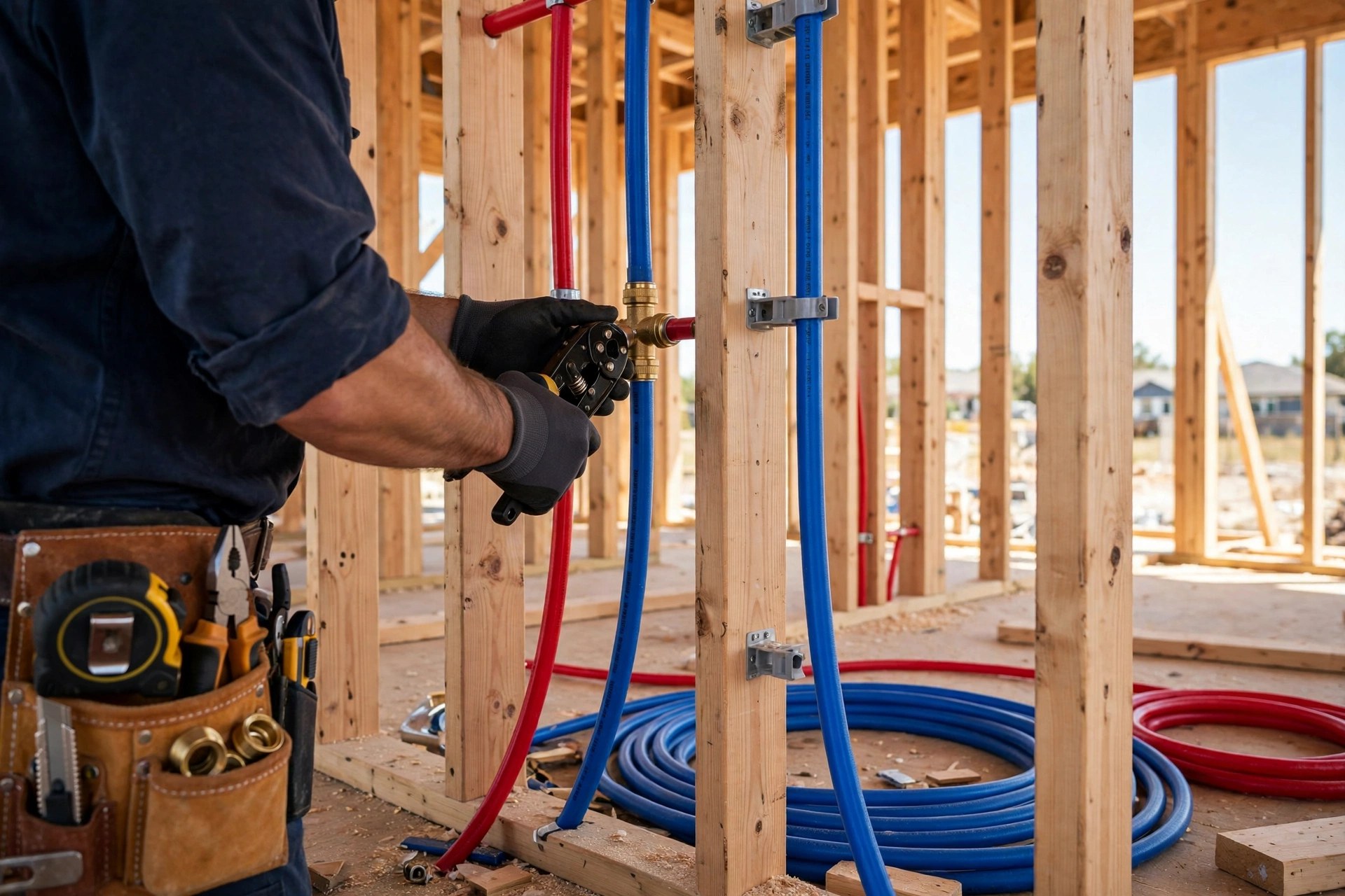 Plumber installing PEX repipe in new construction